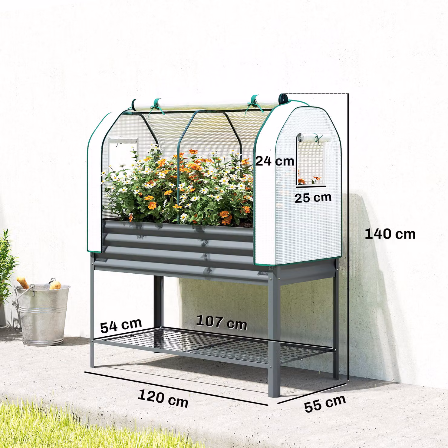 Outsunny Grey Galvanised Metal Raised Planter with Greenhouse Cover, Bed Liner and Bottom Shelf, W/D/H: 140 x 120 x 55 cm – 3