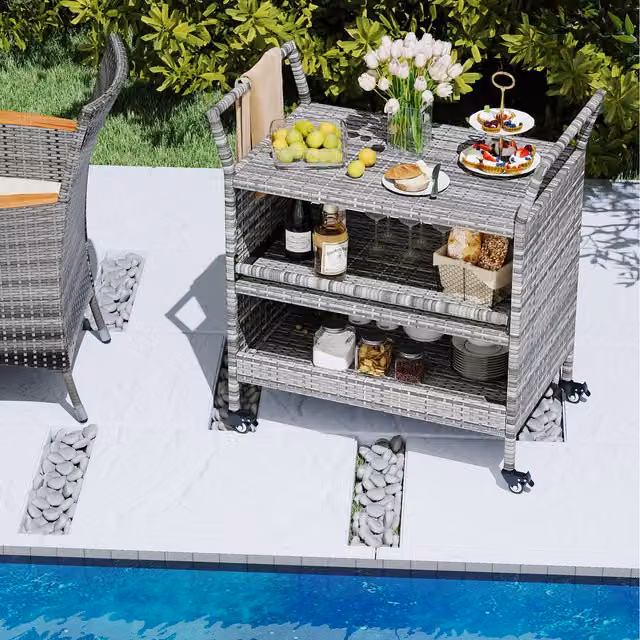 COSTWAY 3 Tier Rattan Rolling Bar Cart in Grey for Garden, Terrace or Balcony