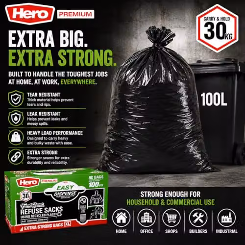Hero 100L Scented Heavy Duty Black Refuse Bin Bags – 3