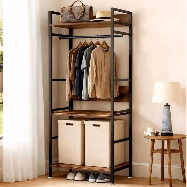 EONLION Open Wardrobe Closet Organiser with Continuous Linear Metal Clothes Rail, Brown, Width: 100 cm – 1