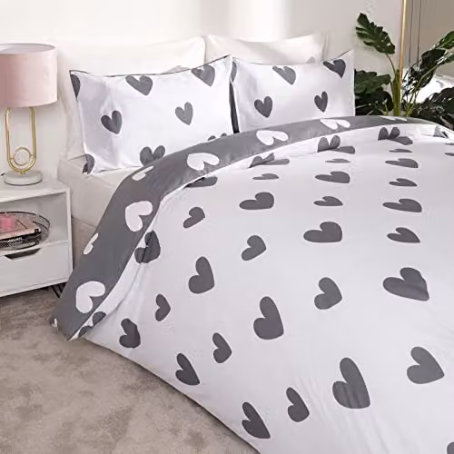 OHS Love Heart Reversible Printed Duvet Cover and Pillowcase Set in Grey and White, W/D/H: 180 x 200 cm – 1
