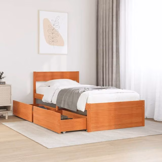 Berkfield Home Solid Wood Pine Bed Frame in Waxed Brown, W/D/H: 100 x 200 cm
