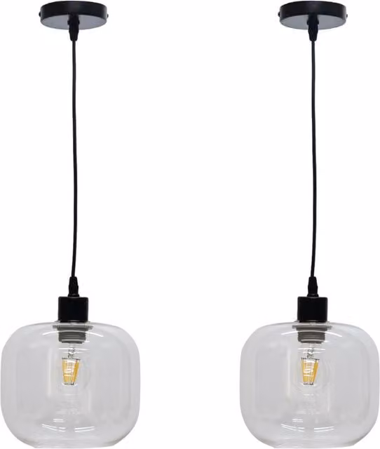 First Choice Lighting Bletch Set of 2 Modern Suspended Pendant Lights with Transparent Glass and Black Fittings – 1