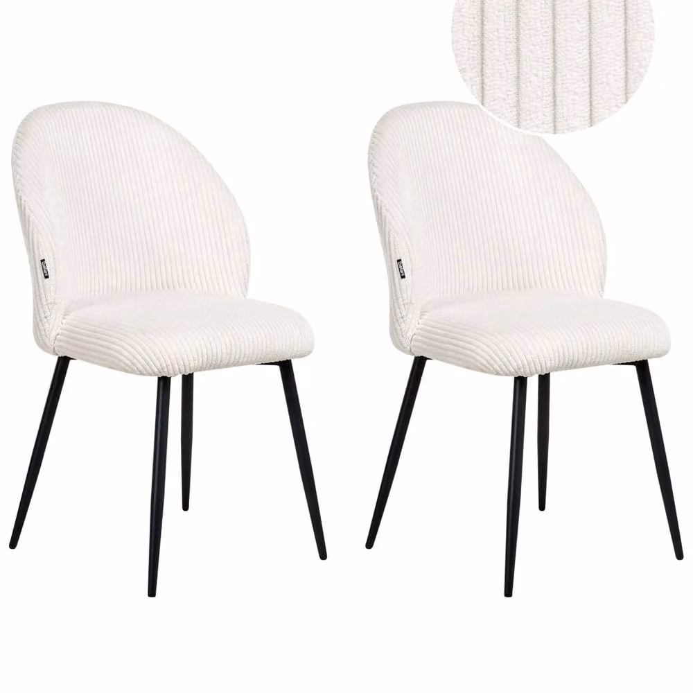 Wyld Haus Set of 2 Off White Corduroy Dining Chairs with Padded Seats and Powder Coated Metal Legs – 2
