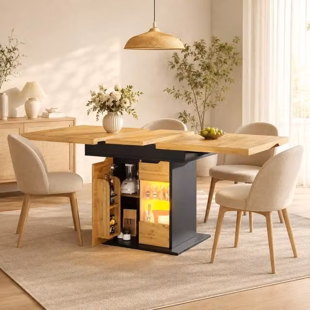 Merax Extendable Modern Rectangular Dining Table with LED Lighting and Storage in Brown and Sand – 1
