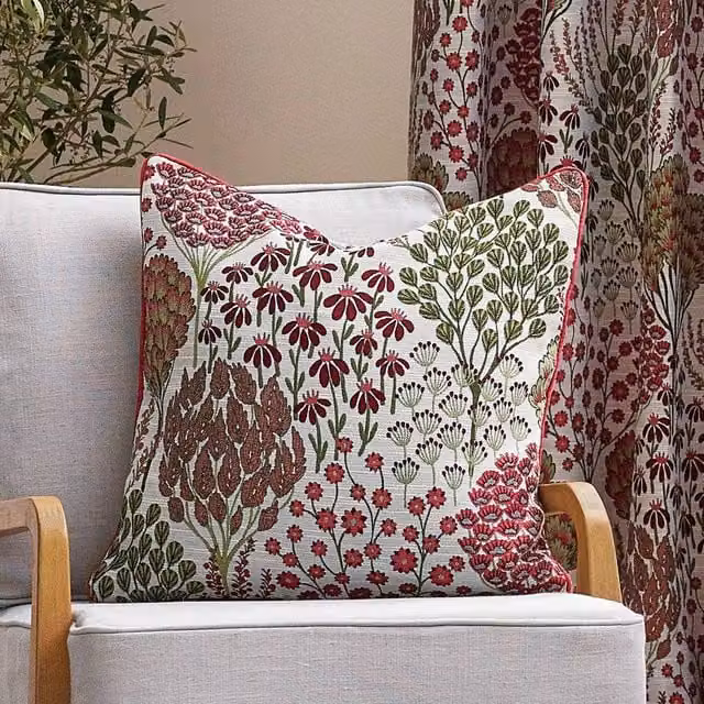 Wylder Ophelia Nature Floral Jacquard Square Cushion, Red and Multicolour, W/D/H: 50 x 50 x 50 cm