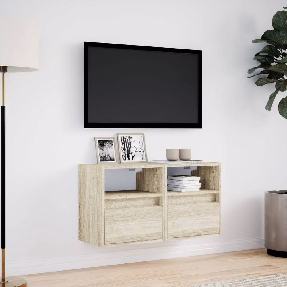 Berkfield Home Set of 2 Modern Wall Mounted TV Cabinets with Integrated LED Lighting in Natural Sonoma Oak, W/D/H: 41 x 31 x 45 cm – 2