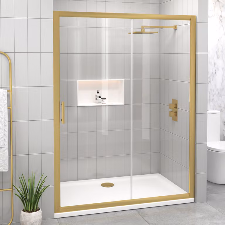 Royal Bathrooms Venice 6mm Reversible Sliding Shower Door in Gold with Glass and Aluminium Finish