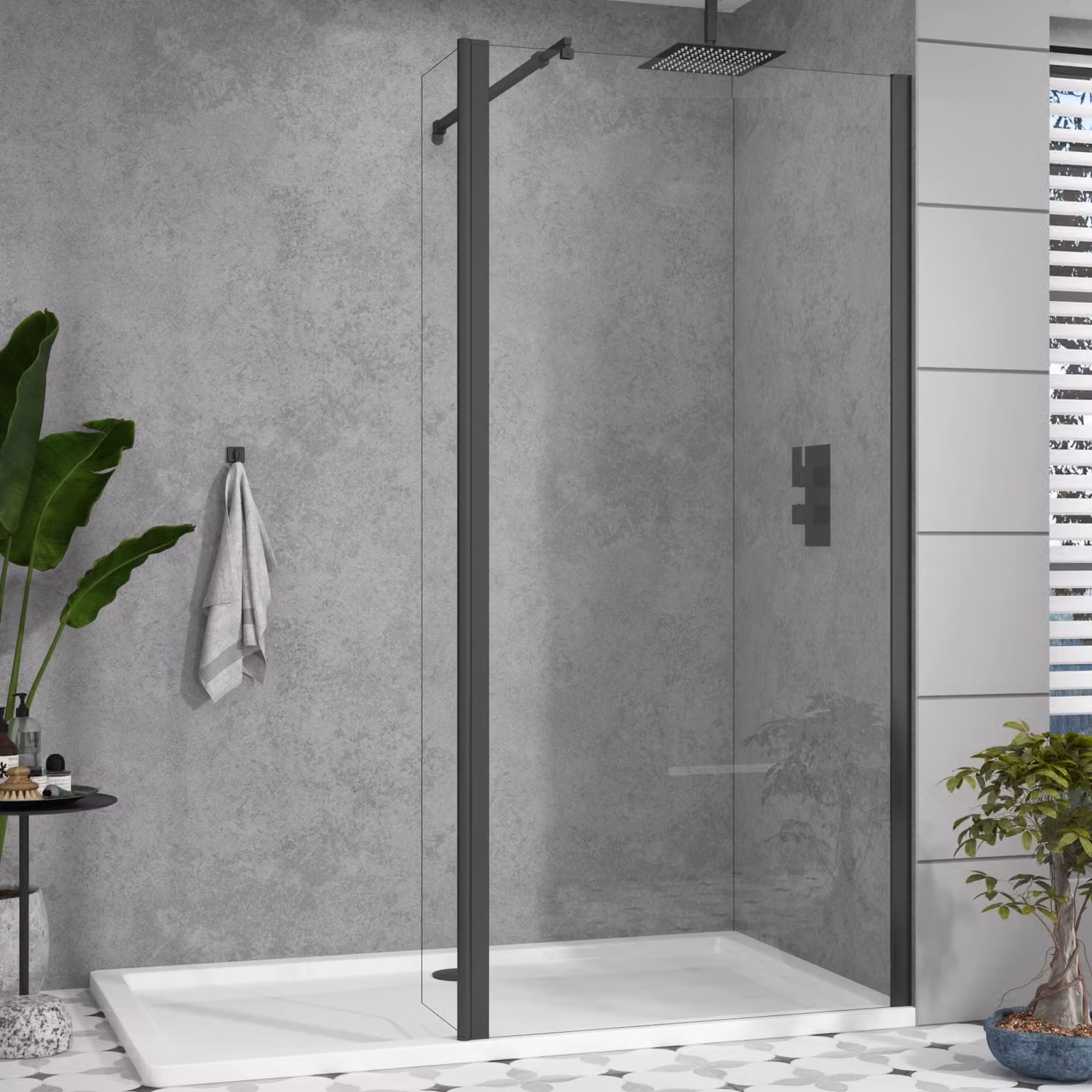 Royal Bathrooms Marbella Walk in Wet Room Shower Screen with Flipper Panel, Matt Black, 8mm Easy Clean Clear Glass, W: 60 cm, H: 185 cm