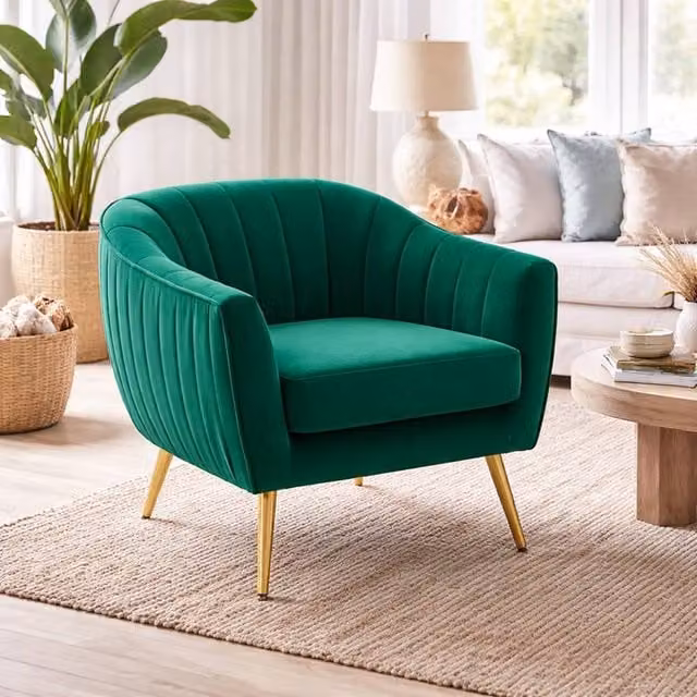 Wyld Haus Rico Nota Forest Green Velvet Shell Back Accent Chair with Metal Frame
