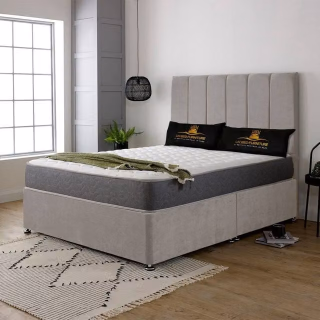 UK Bed Furniture Savannah Divan Bed with 2 Drawers and 26 Inch Headboard, Light Beige, Super King, W/D/H: 200 x 200 cm