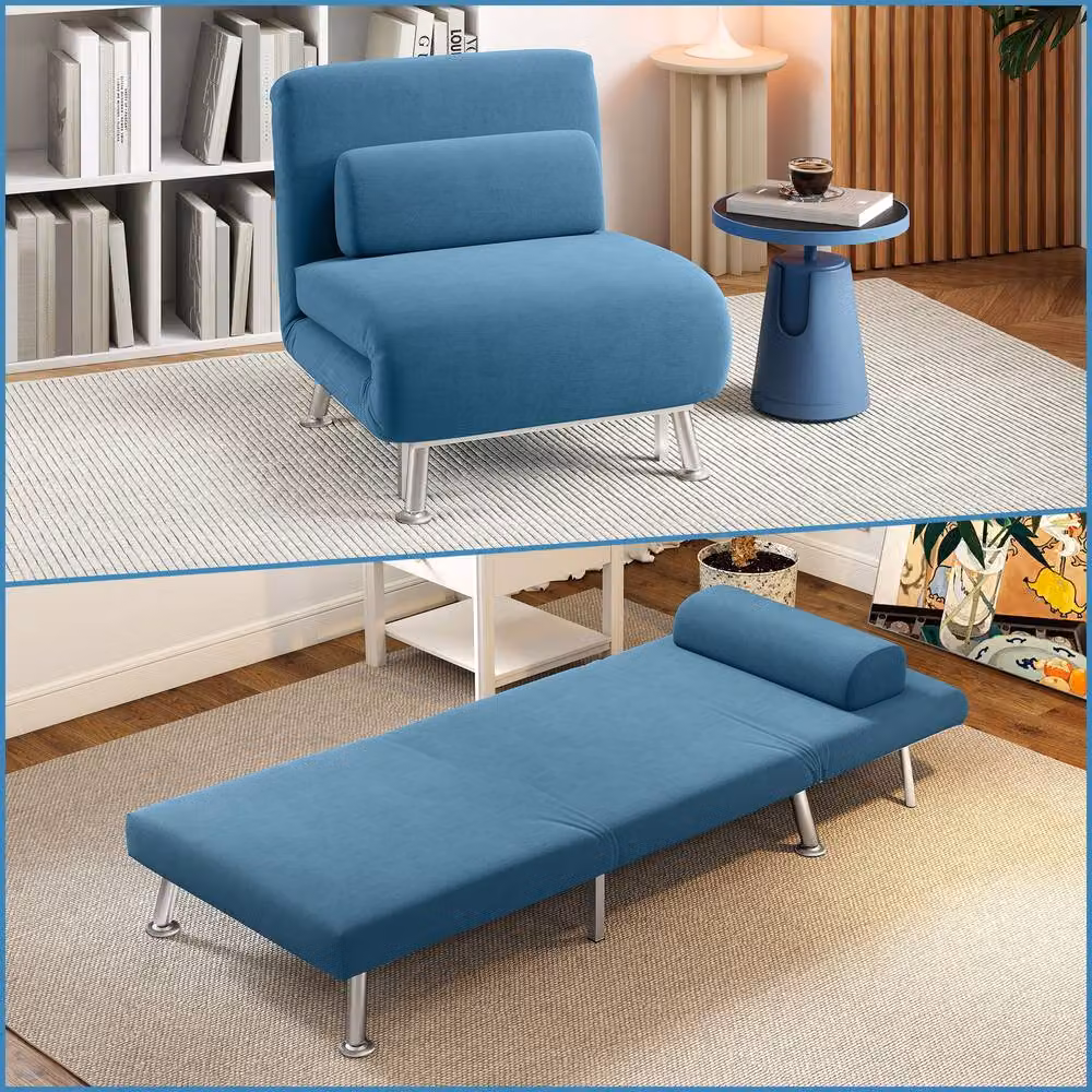 STILVORA 3-in-1 Blue Velvet Sleeper Chair Bed with Adjustable Back and Metal Frame – 2