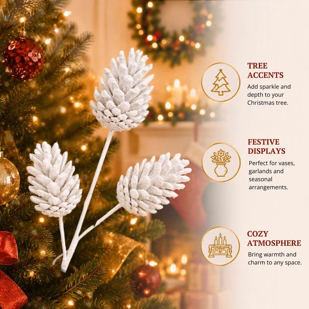 Shatchi Glitter White Pine Cone Christmas Picks, 12 Pack, Length: 58 cm – 4