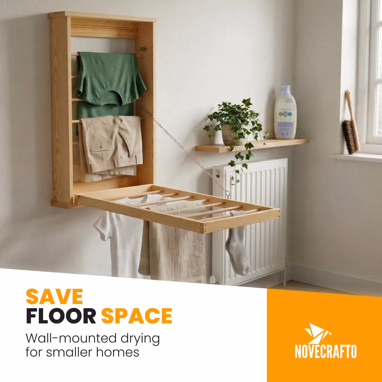 Novecrafto Wall Mounted Wooden Clothes Drying Rack in Brown, Foldable with Double Side Rails, W: 50 cm, H: 80 cm – 2