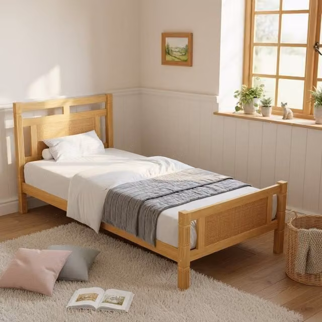 Merax Single Wooden Bed Frame with Rattan Effect Headboard in Natural, W/D/H: 90 x 190 cm