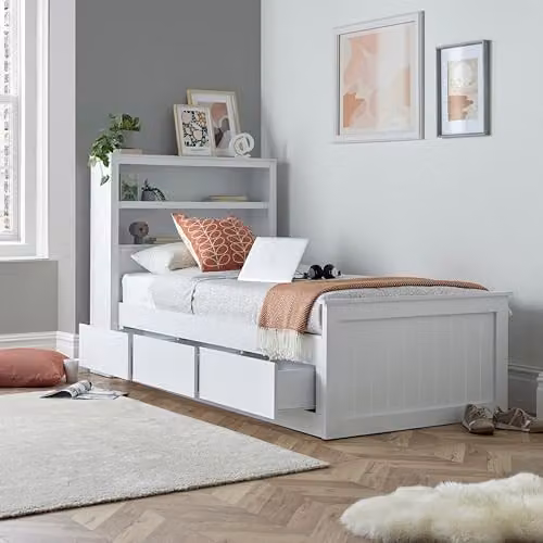 Bedmaster Enzo Wooden 3 Drawer Bookcase Bed with Pocket Sprung Mattress, Single, White or Grey – 1