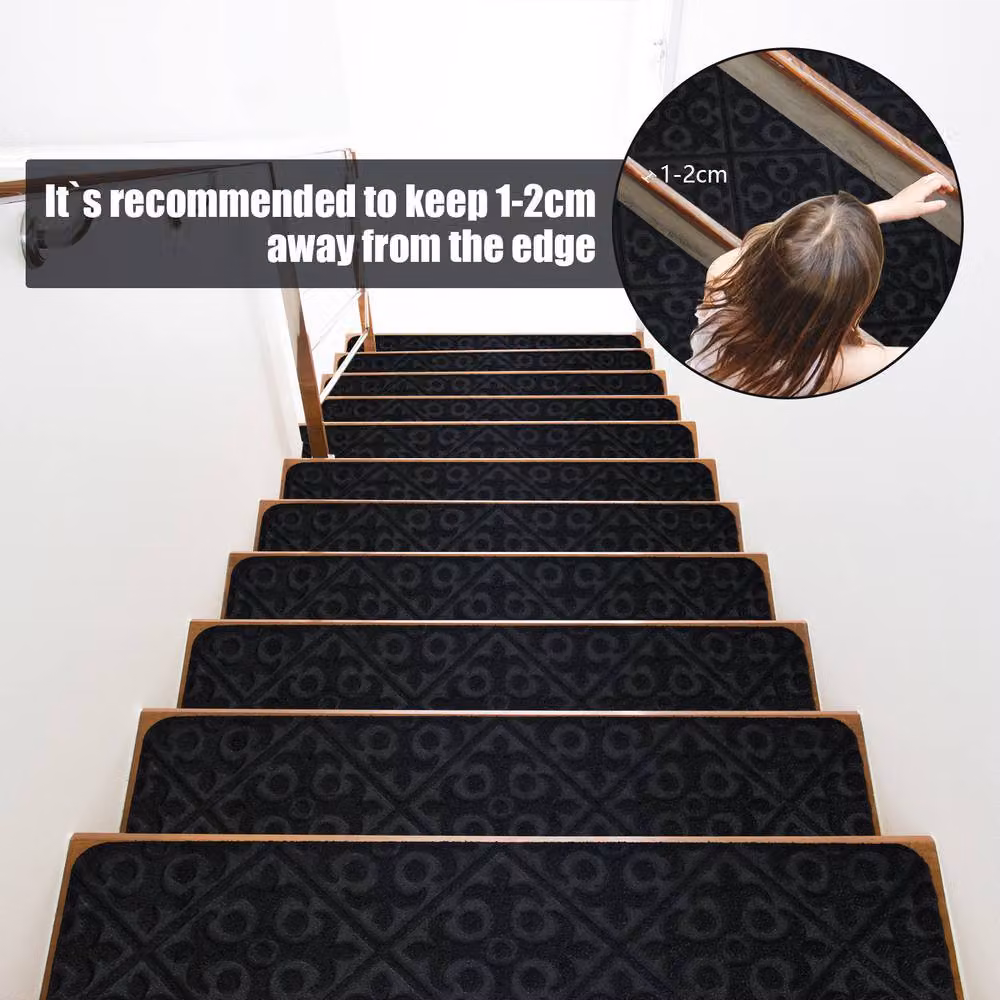 CASART 15-Piece Non-Slip Polyester Stair Mats in Black, W: 76 cm, D: 20 cm – 10