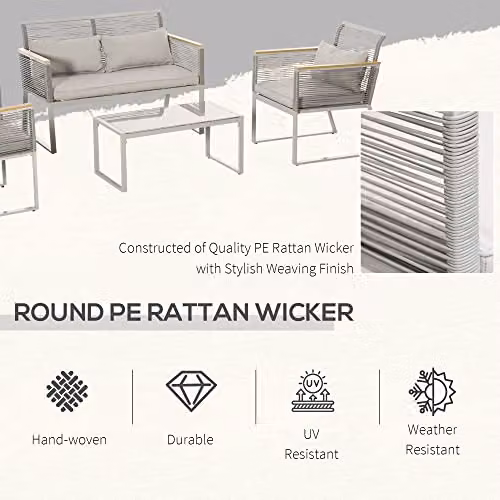 Outsunny 4 Piece Grey Polyrattan Patio Furniture Set with Upholstered Cushions, 2 Seater Sofa, Lounge Armchair and Coffee Table – 2