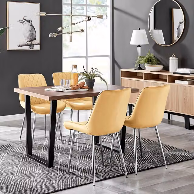 FurnitureboxUK Kylo Brown Wood Effect Dining Table and 4 Pesaro Mustard Chairs with Silver Legs