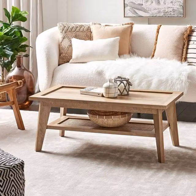 Wyld and Coco Rustic Coffee Table in Brown with Rattan Shelf, W: 100 cm, D: 50 cm, H: 40 cm