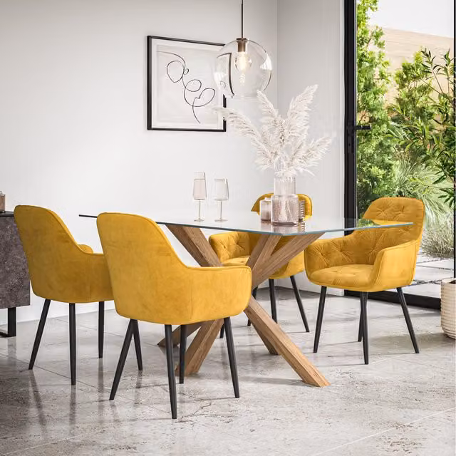 More4Homes Etta Glass Dining Table Set with Solid Oak Legs and 6 Anika Mustard Velvet Chairs