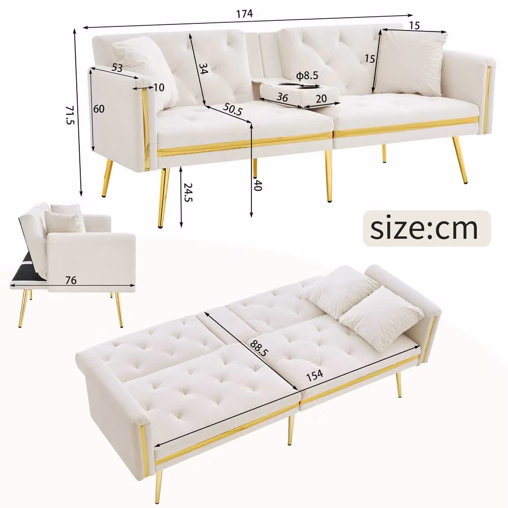 Merax White Velvet Sofa Bed with Gold Trim and Fold-Down Cup Holders, W/D/H: 174 x 76 x 71.5 cm – 2