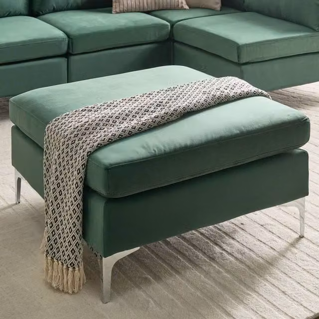 Wyld and Coco Green Velvet Rectangular Ottoman with Silver Metal Legs – 1