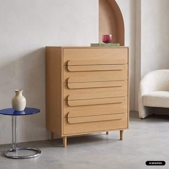 sweeek Vintage 5 Drawer Chest in Brown and Beige Wood Effect, H 80 x W 40 x D 43 cm – 1