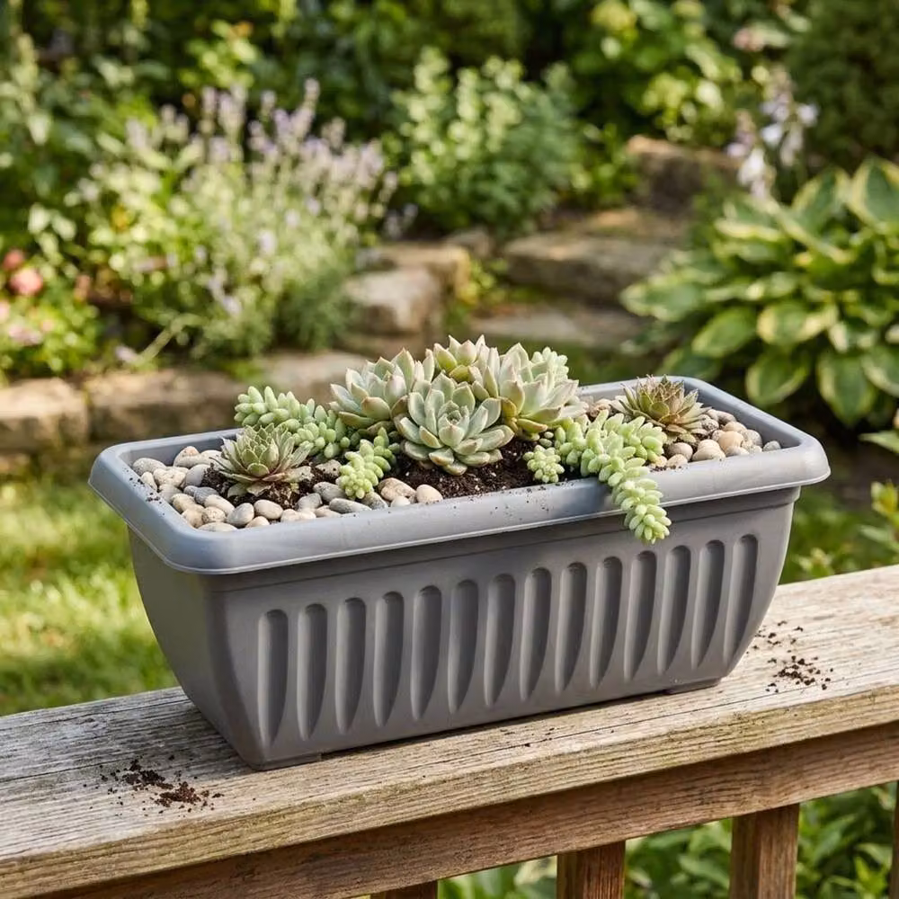 NESTLUNE Large Grey Plastic Trough Planter for Ornamental or Herb Gardens, W: 100 cm, D: 70 cm, H: 60 cm – 2