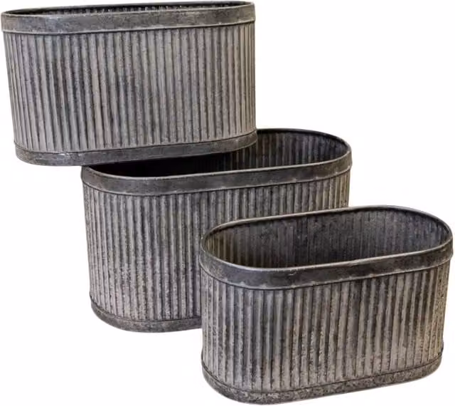 Four Candle Set of 3 Grey Galvanised Steel Ribbed Oval Planters