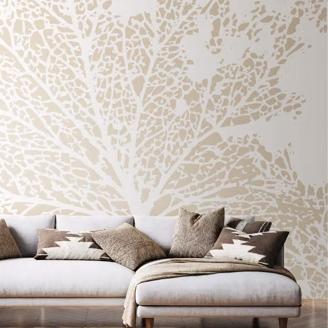Origin Murals Skeleton Leaf Floral Wall Mural in Natural Linen, Beige and Yellow, 350cm