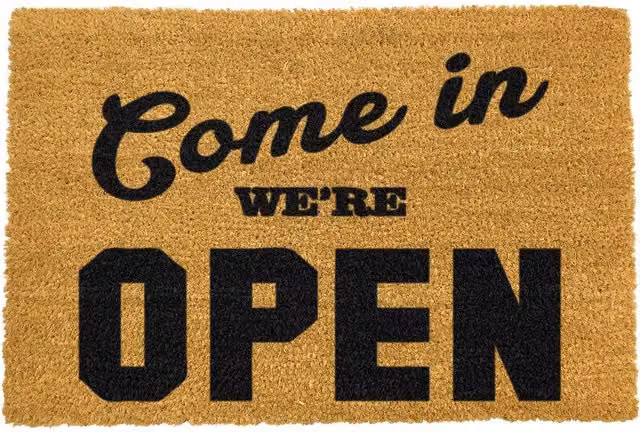 Artsy Mats We're Open Brown Coir and Rubber Non-Slip Weatherproof Rectangular Doormat