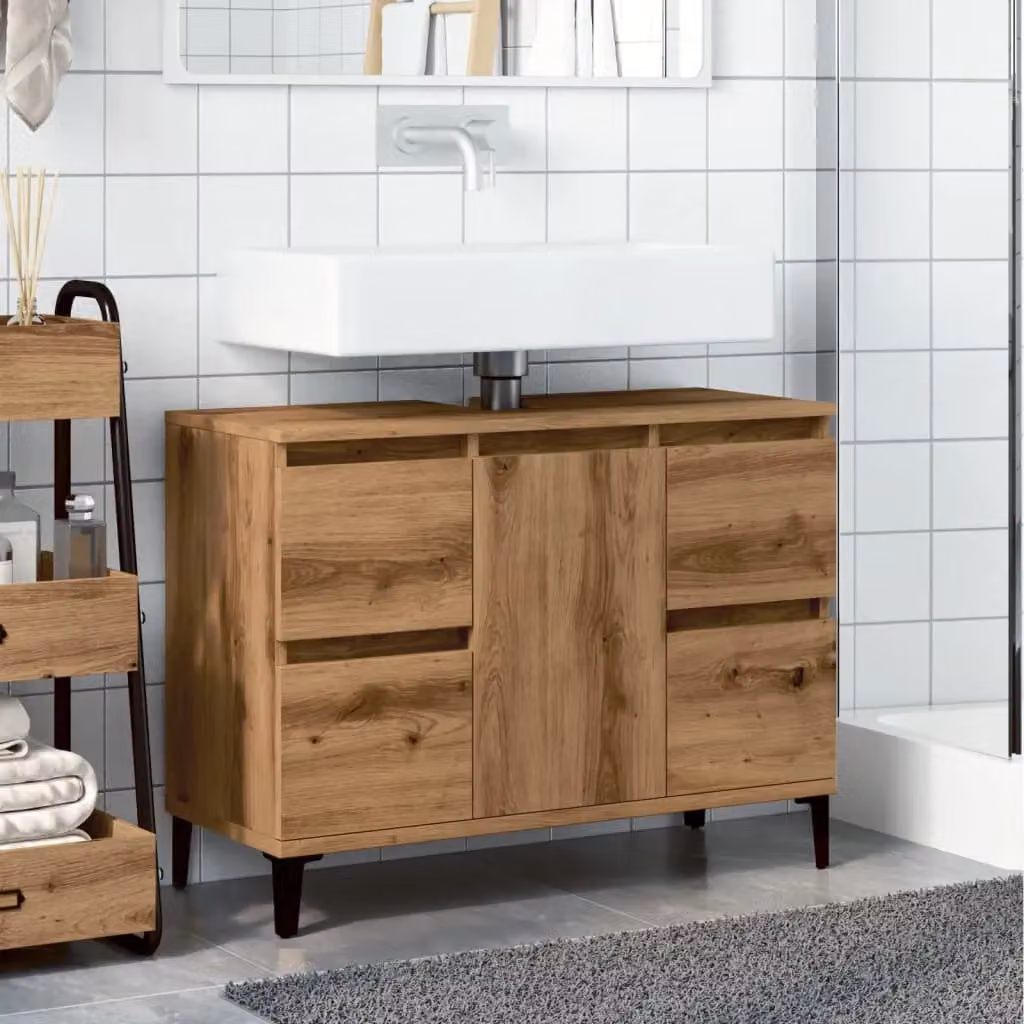 Berkfield Home Artisan Oak Sink Cabinet in Brown, W/D/H: 80 x 33 x 60 cm – 3