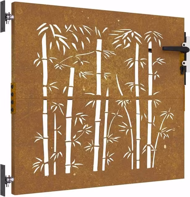 Berkfield Home Garden Gate in Brown Corten Steel with Bamboo Design, W: 85 cm, H: 75 cm – 1