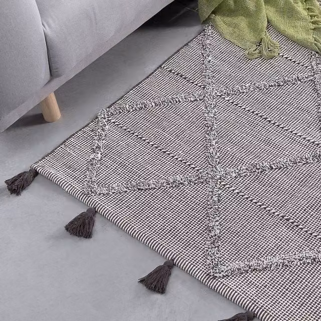 Wyld and Coco Oriental Geometric Woven Cotton Tassel Rug in Brown, W: 140 cm, D: 200 cm