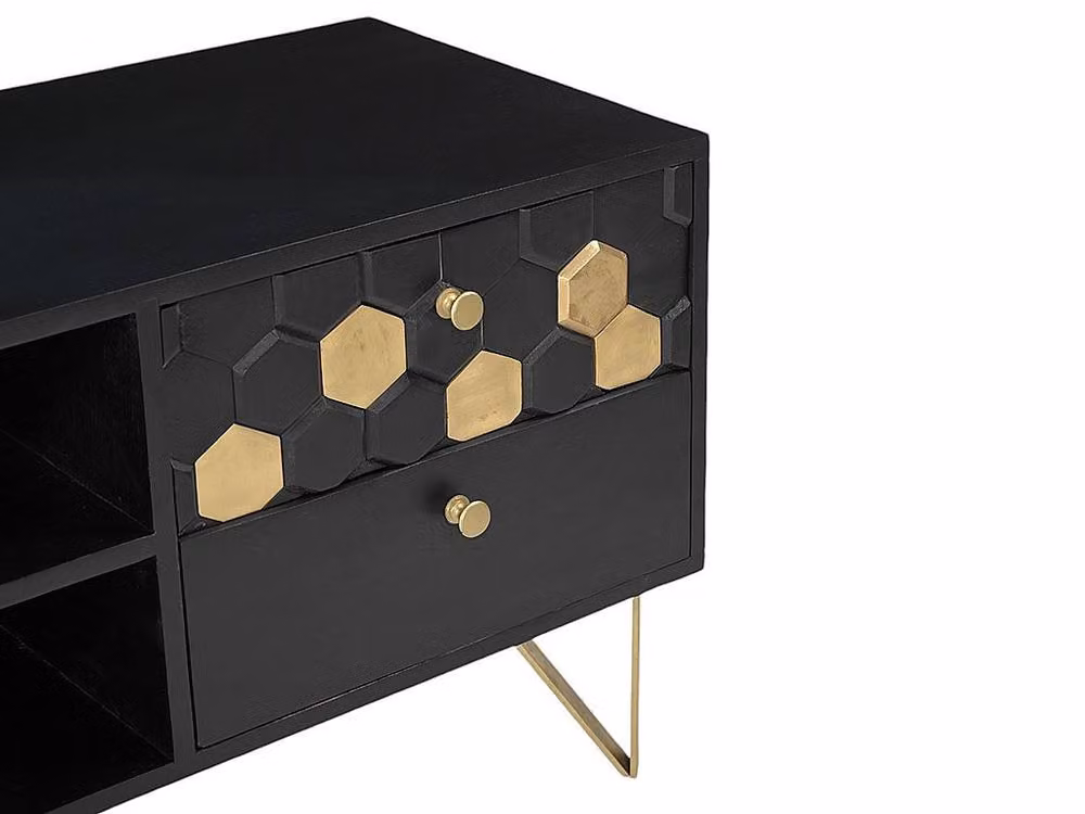 Vente-unique Modern Mango Wood and Metal TV Stand with 1 Door, 2 Drawers and 2 Shelves in Black and Gold, W/D/H: 130 x 40 x 50 cm – 3