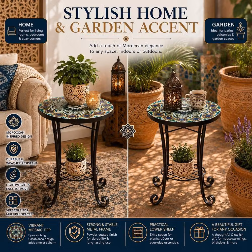 Shatchi Casablanca Mosaic Plant Stand Side Table with Multicolour Ceramic Tile Top and Powder Coated Steel Frame, Diameter: 35 cm – 4