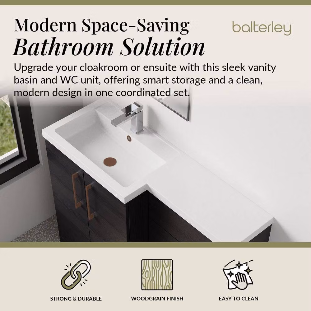 Balterley Modern Matt Black Woodgrain Left-Hand Vanity and WC Unit Combination W: 110 cm, H: 84 cm – 2