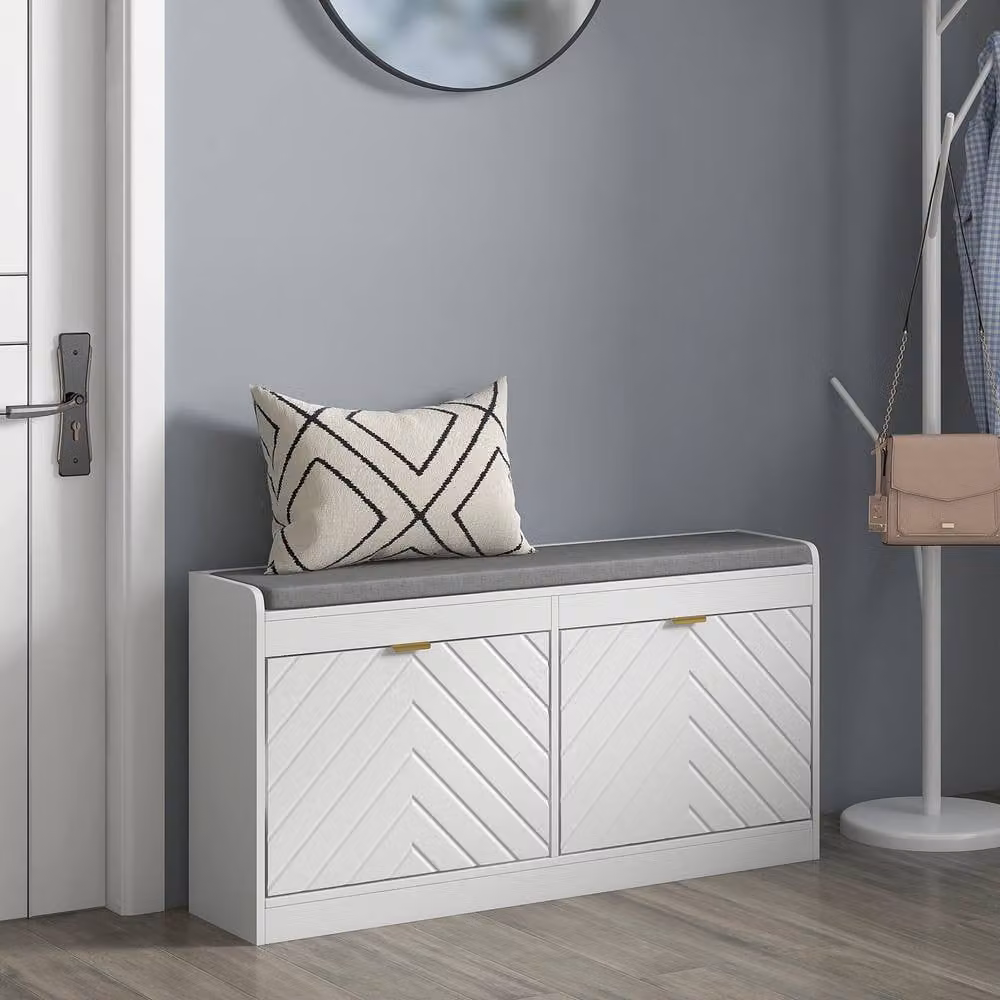 ERGOVEXA White and Gold Shoe Bench with Seat and 2 Ventilated Flip Drawers – 3