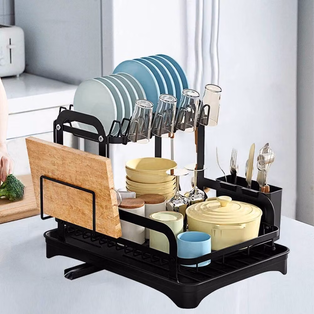 EONLION 2 Tier Black Metal Dish Drainer Rack with Cutlery Holder and Drip Tray – 3