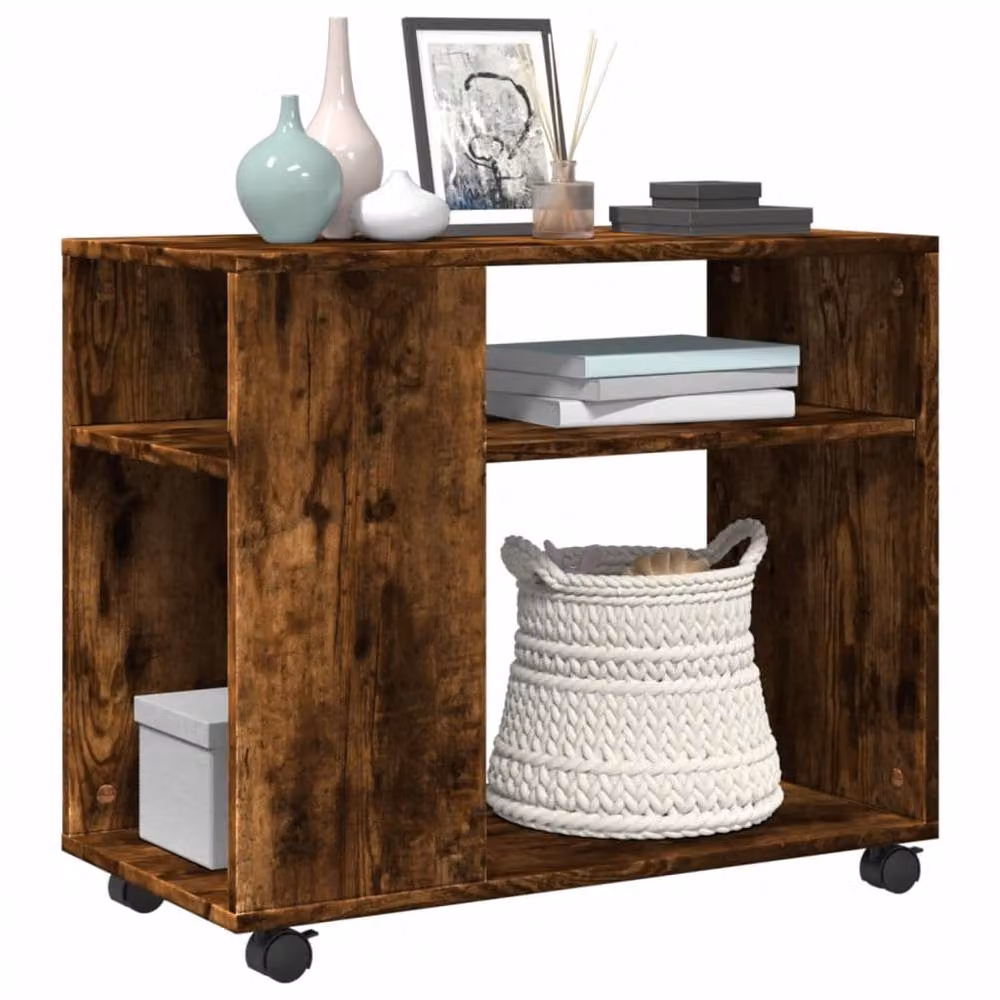 Berkfield Home Smoked Oak Side Table with Castors, Brown, W: 70 cm, D: 35 cm, H: 60 cm – 4