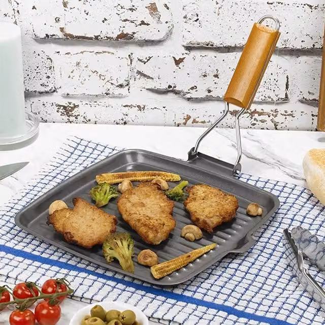Homiu Square Steel Folding Griddle Pan with Removable Wood Handle in Grey