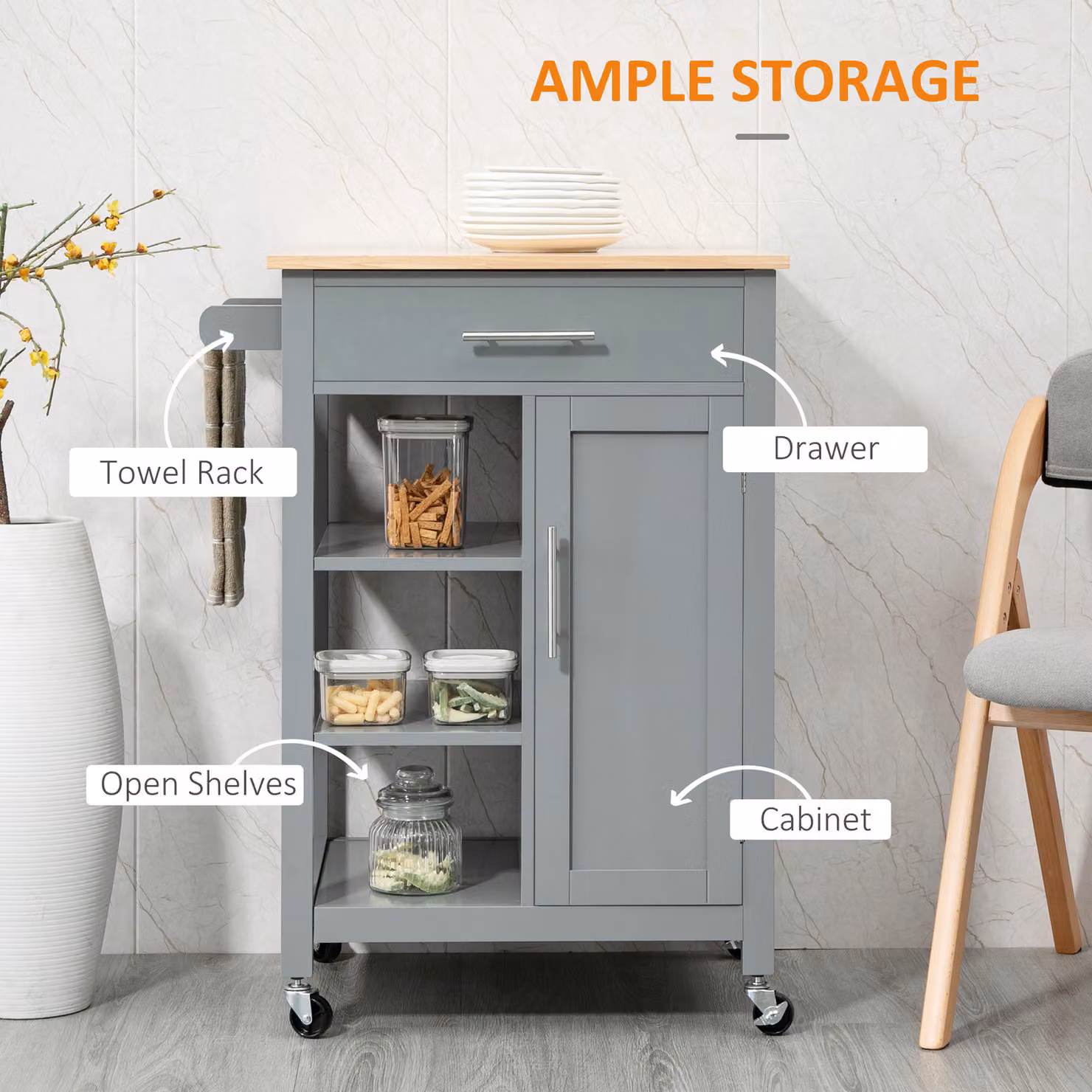 HOMCOM Compact Kitchen Trolley Utility Cart with Open Shelf and Storage Drawer, Grey – 3