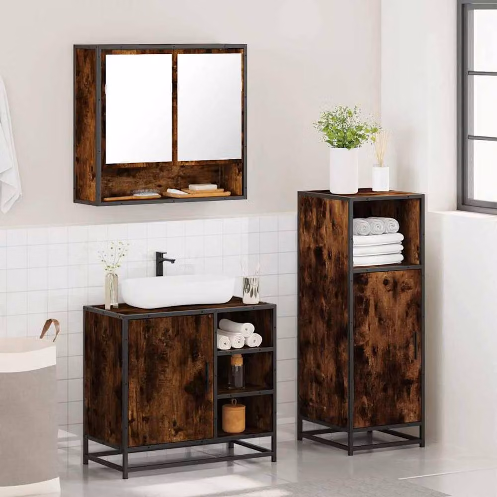 Berkfield Home 3 Piece Industrial Bathroom Furniture Set in Smoked Oak Brown featuring Mirror Cabinet, Vanity Unit and Tall Cabinet – 3