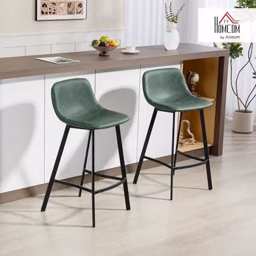HOMCOM Set of 2 Green PU Leather Upholstered Bar Stools with Backrest – 2