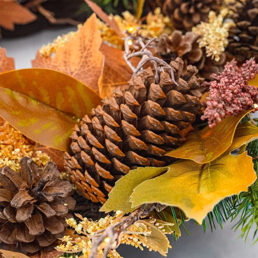 BOSK Rustic Woodland Autumn Wreath in Orange and Yellow with 75 Warm White LED Microbulbs, Diameter: 66 cm – 3