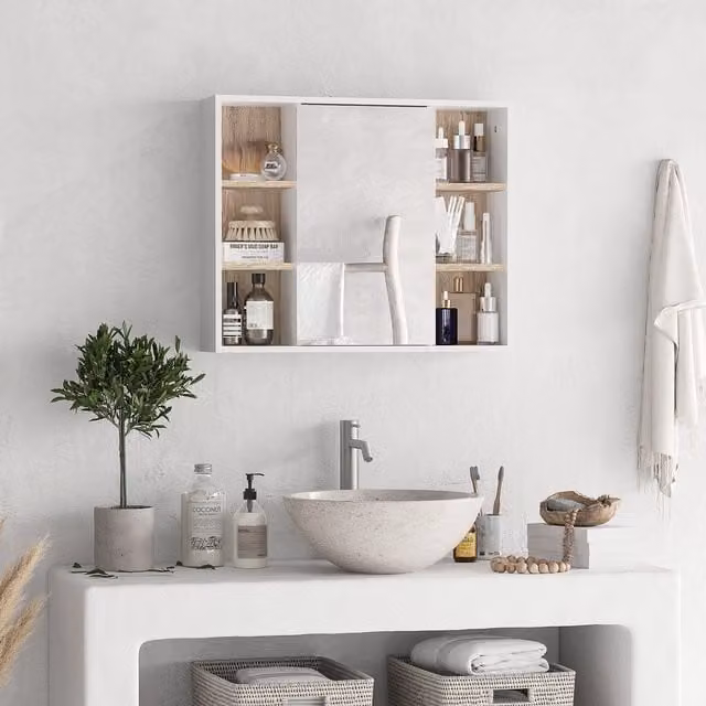 HOMCOM White Wall Mounted Bathroom Mirror Cabinet with Internal Shelves and Open Shelf Storage