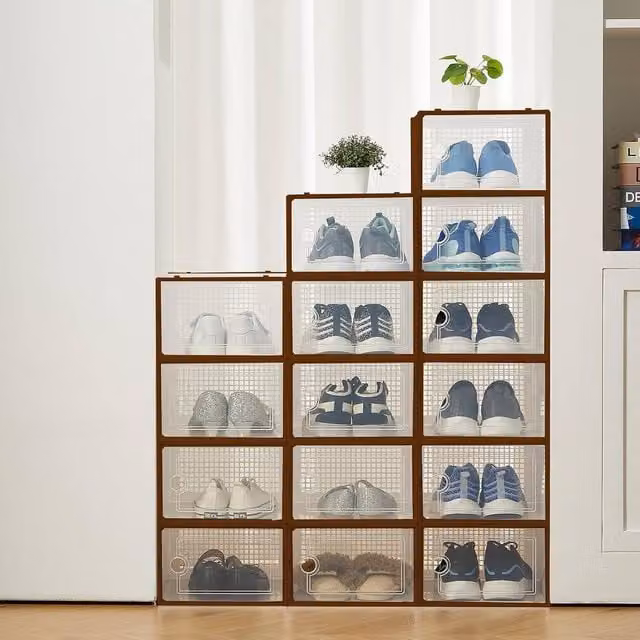 London Boutique 15-Piece Stackable and Collapsible Plastic Shoe Storage Boxes in Brown and Transparent