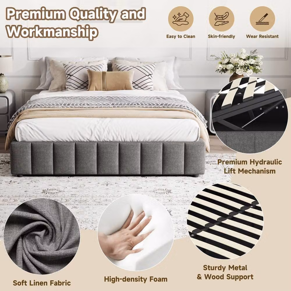 Merax Double Hydraulic Storage Bed in Grey Linen with Lift Up Base, W/D/H: 140 x 200 cm – 5