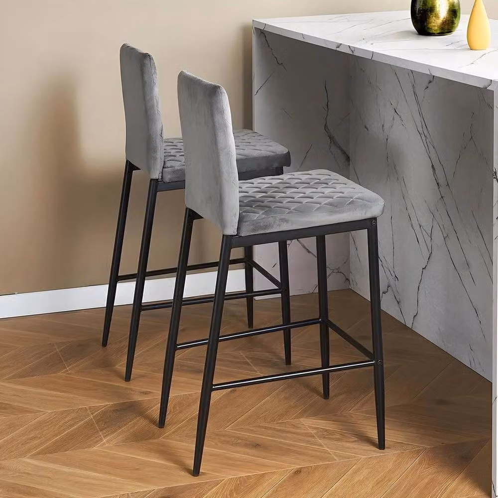KORVIXA Grey Velvet Bar Chair Set with Metal Frame – 2